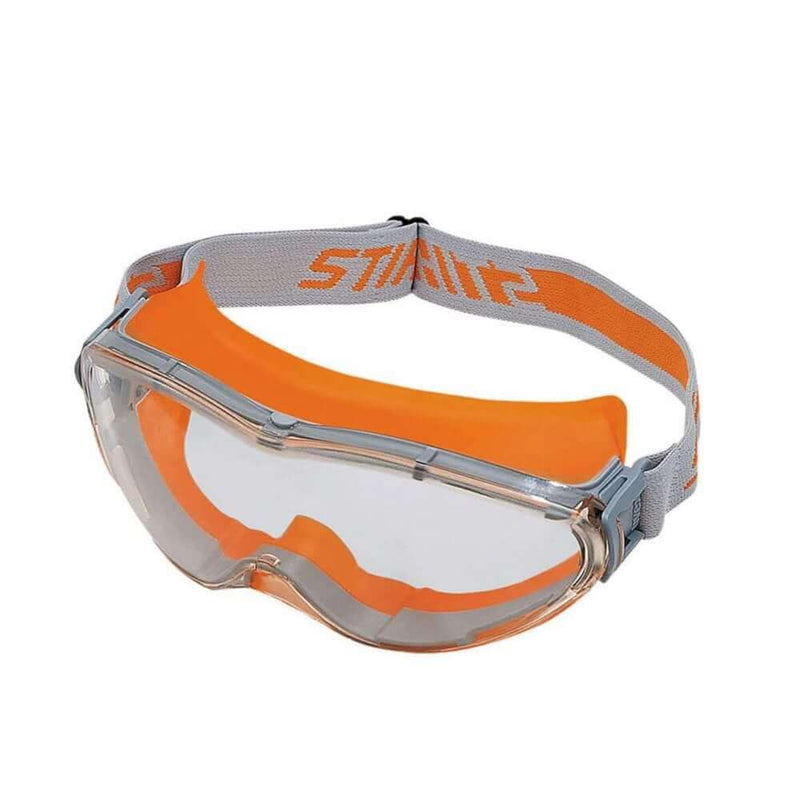 STIHL Ultrasonic Safety Goggles with orange accents, designed for tree surgeons, featuring a non-misting lens and scratch-resistant exterior.