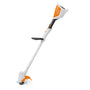 A children's battery-powered grass strimmer toy with a white, gray, and orange color scheme, designed to resemble a real gardening tool.
