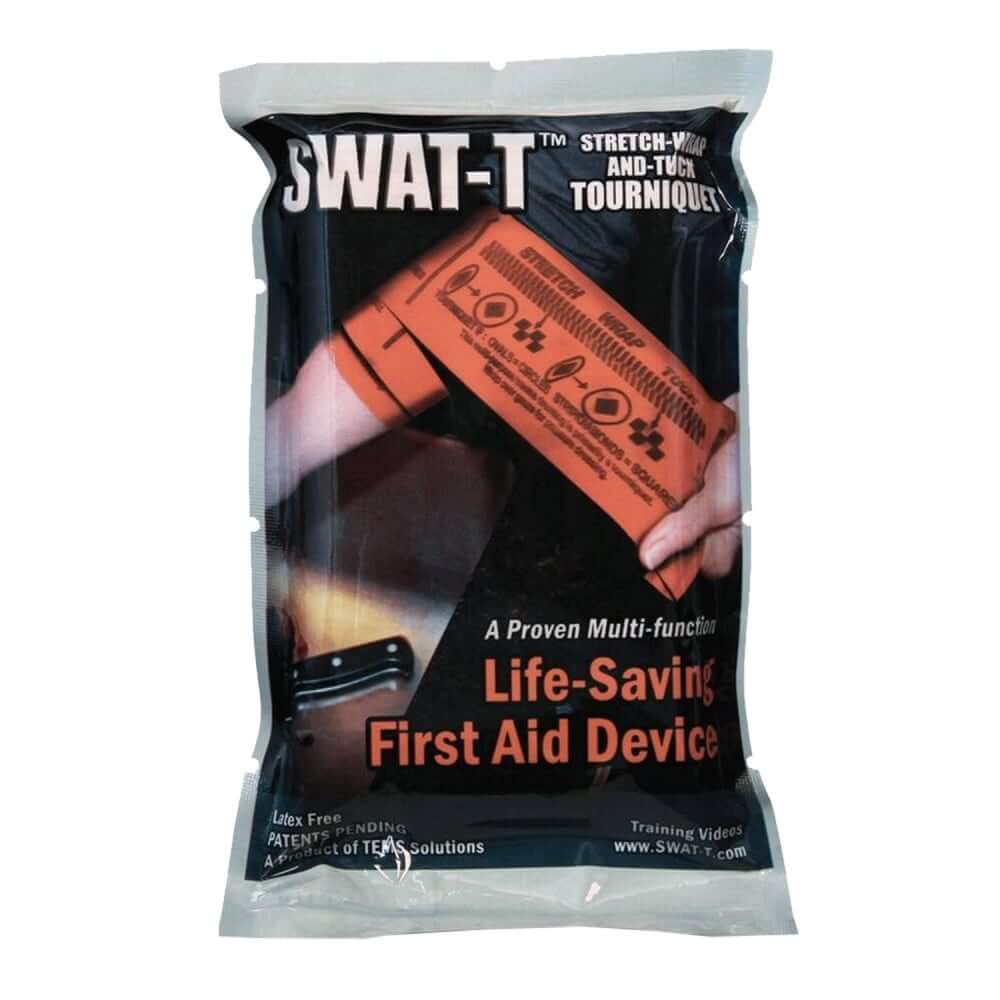 SWAT-T Rescue Orange Tourniquet packaging, a multi-use life-saving first aid device for emergencies.
