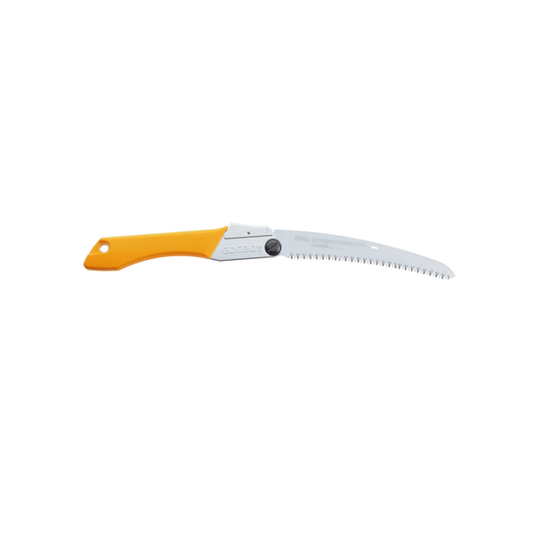 Gomboy Curve Folding Saw with curved chrome-plated blade and orange handle for efficient tree pruning.