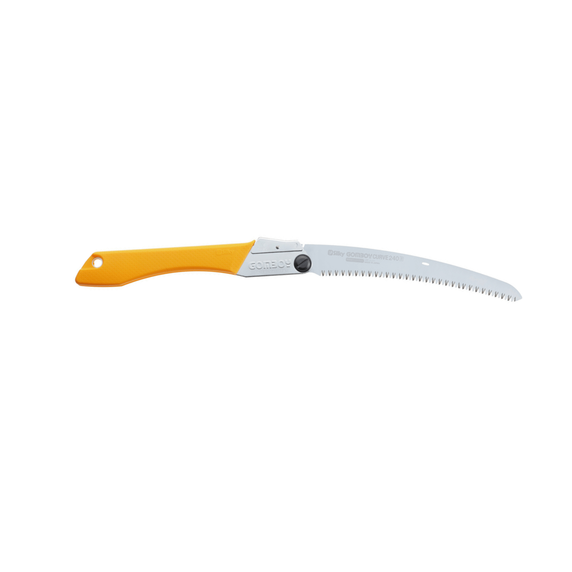 Gomboy Curve Folding Saw with curved chrome-plated blade and ergonomic handle for tree surgeon use.