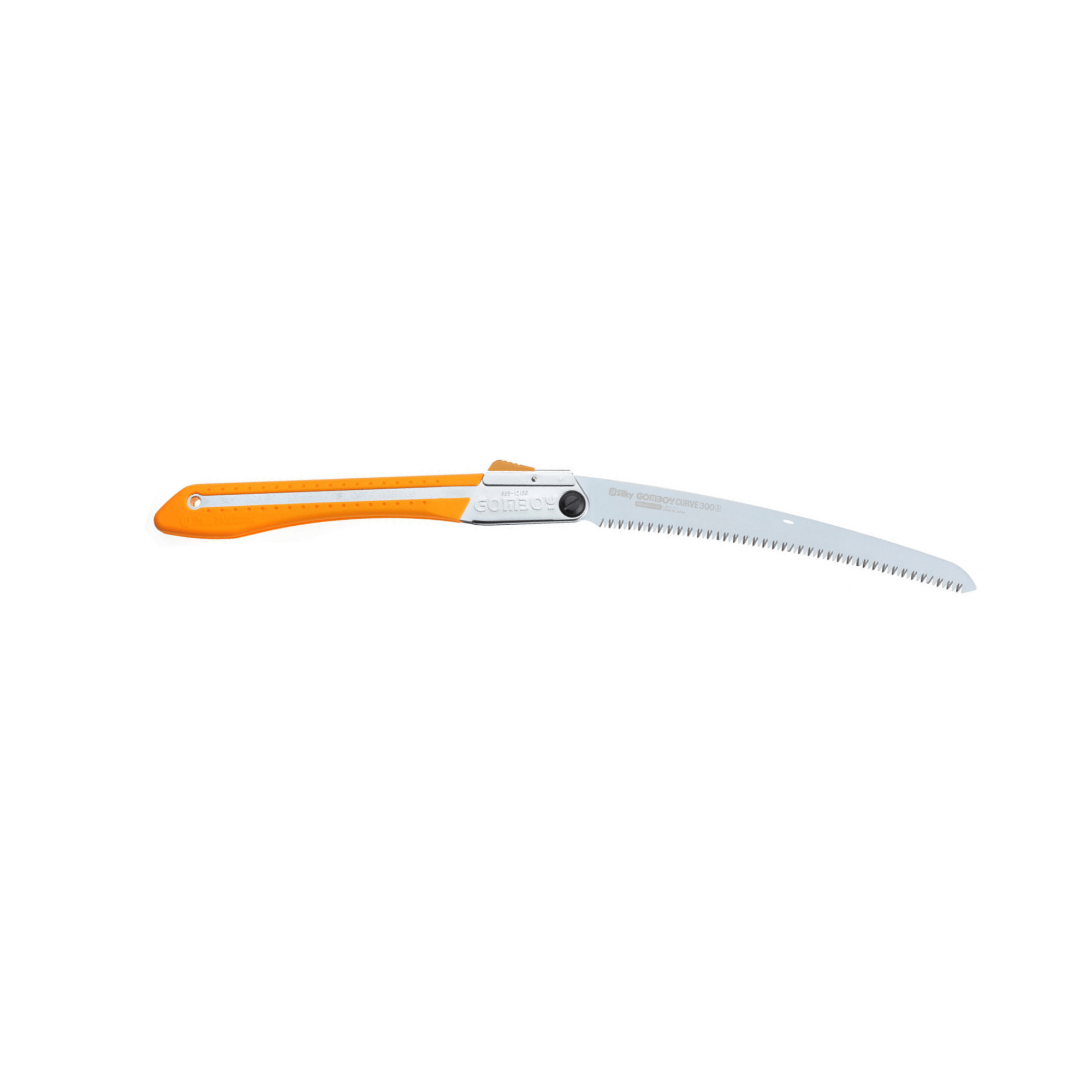 Gomboy Curve Folding Saw with curved chrome-plated blade and orange handle for efficient tree pruning.