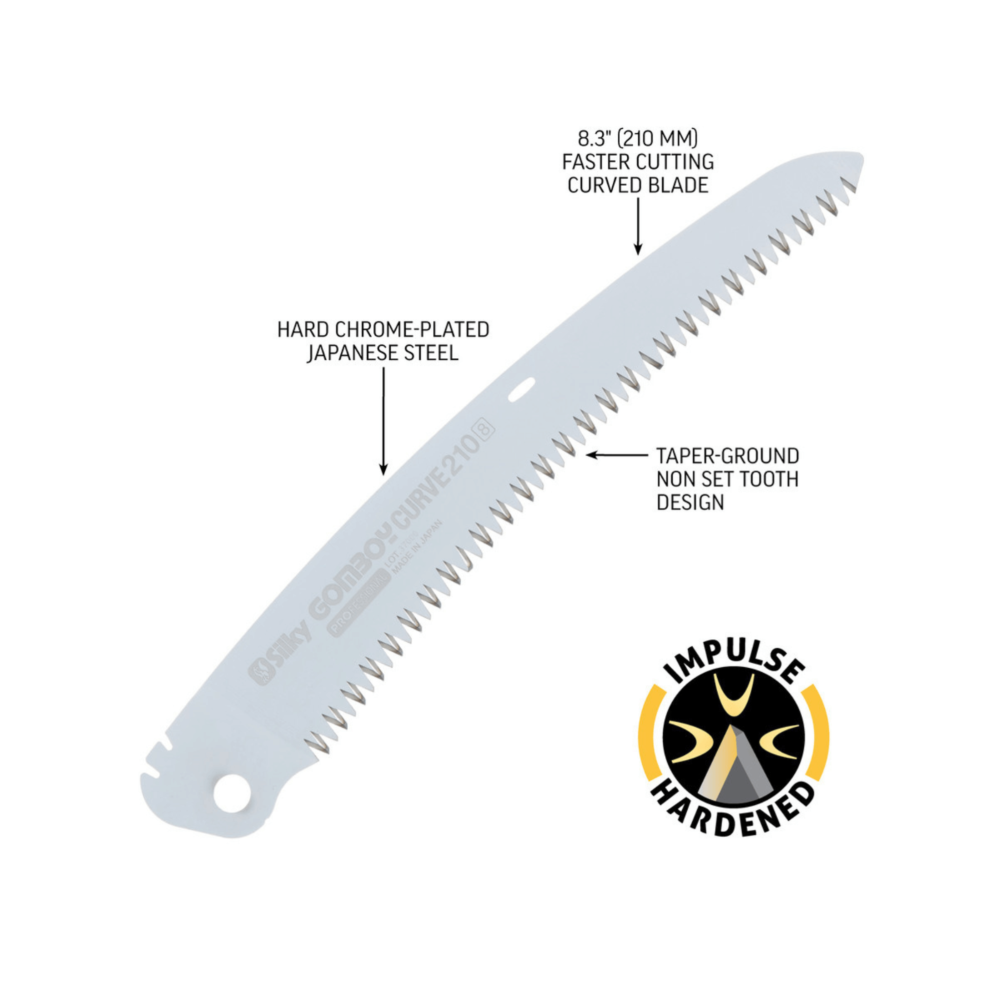 Gomboy Curve Folding Saw blade features hard chrome-plated steel and tapered non set tooth design for efficient cutting.