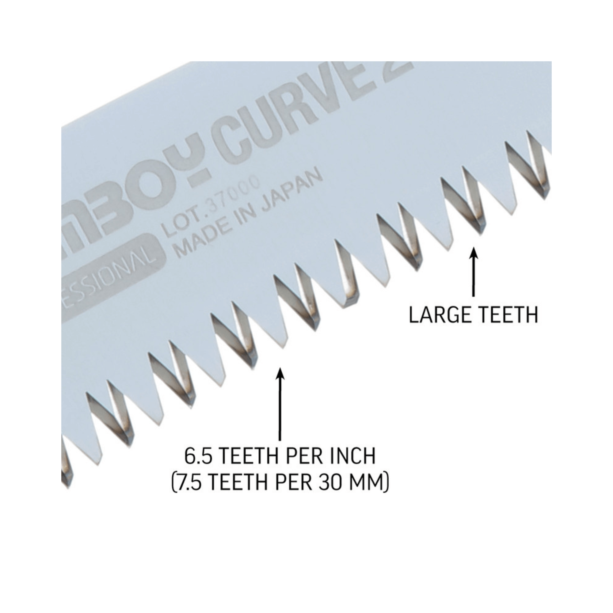 Close-up of the blade of the Gomboy Curve Folding Saw showing 6.5 teeth per inch and large teeth design.