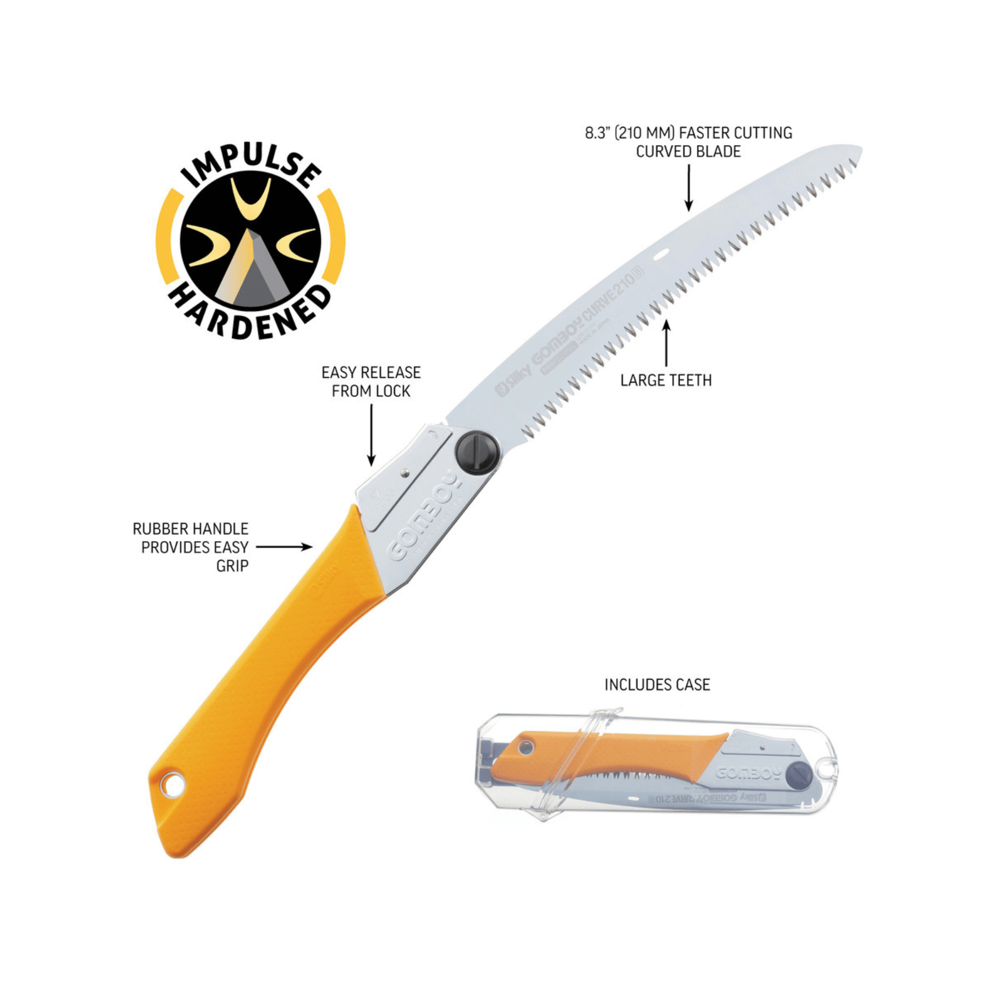 Gomboy Curve Folding Saw with curved chrome-plated blade and rubber handle, designed for tree surgeons and landscaping.