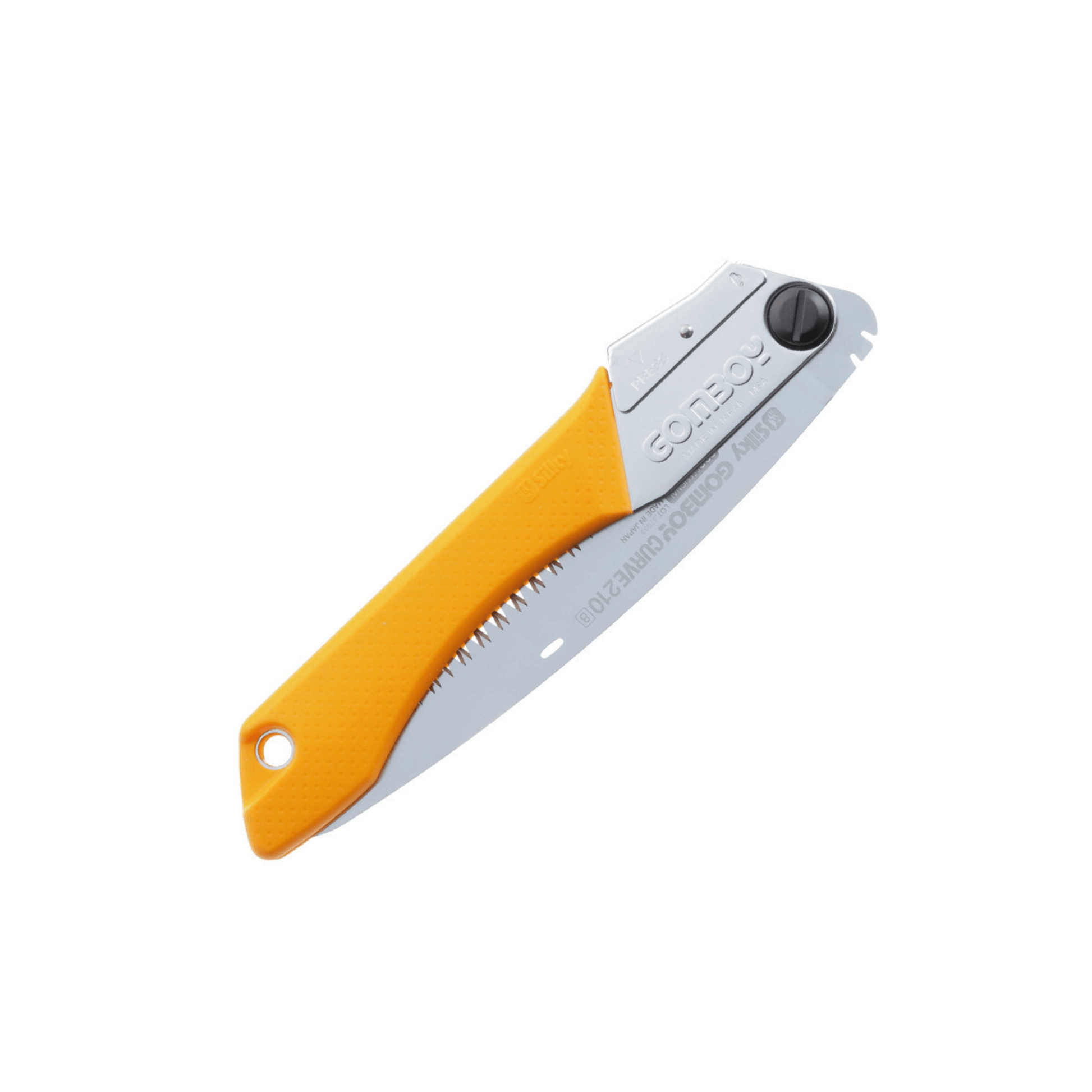 Gomboy Curve Folding Saw with an orange handle and chrome-plated curved blade, ideal for tree surgeons and pruning.
