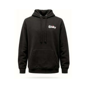Black Logo Hoodie featuring the Silky Fox logo, ideal for tree surgeons and outdoor work.