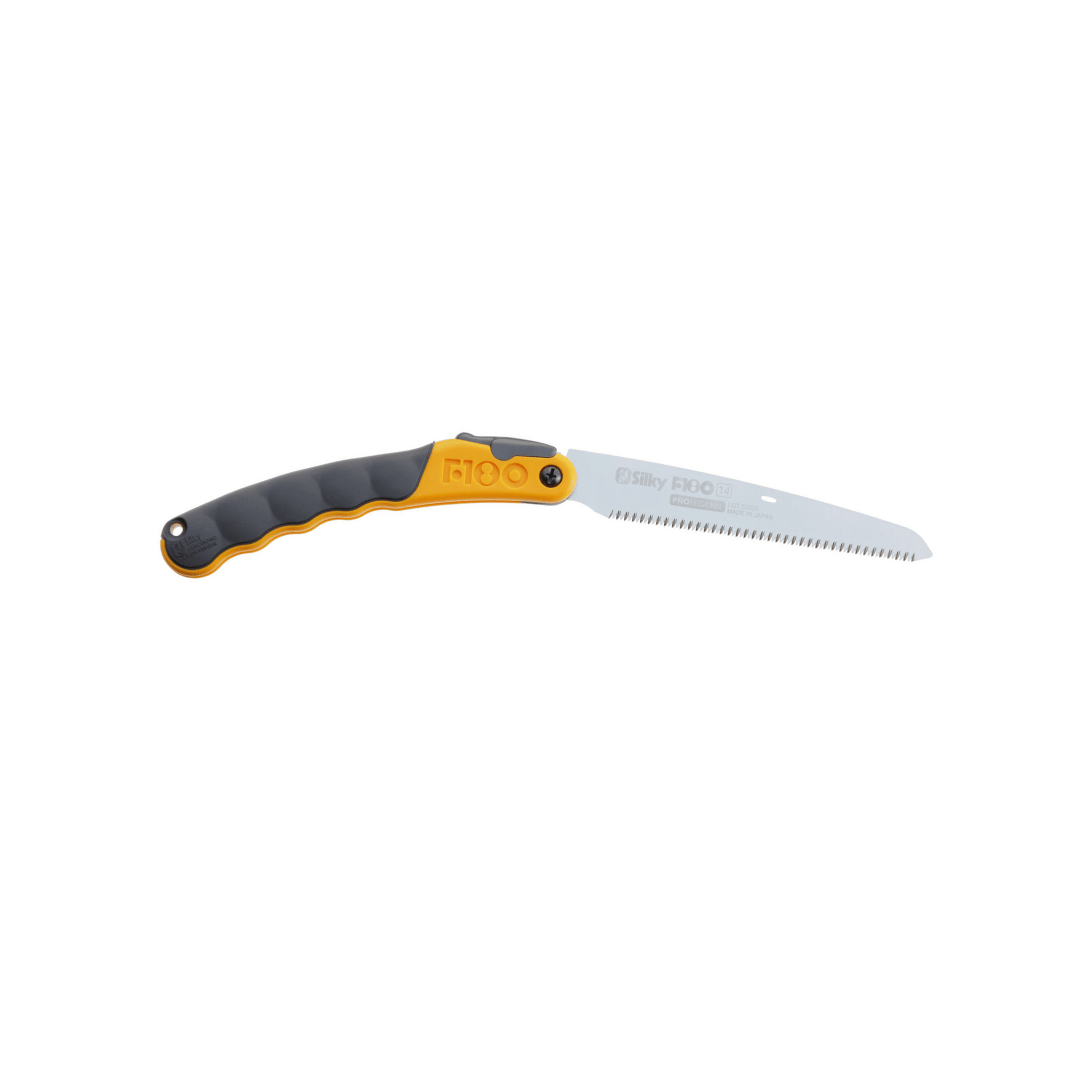 Silky F180 Folding Handsaw Fine Teeth with ergonomic grip and sharp blade for tree surgeons and outdoor use.