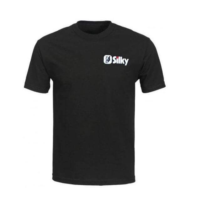 Black t-shirt featuring Silky Fox logo, ideal for tree surgeons and outdoor enthusiasts.