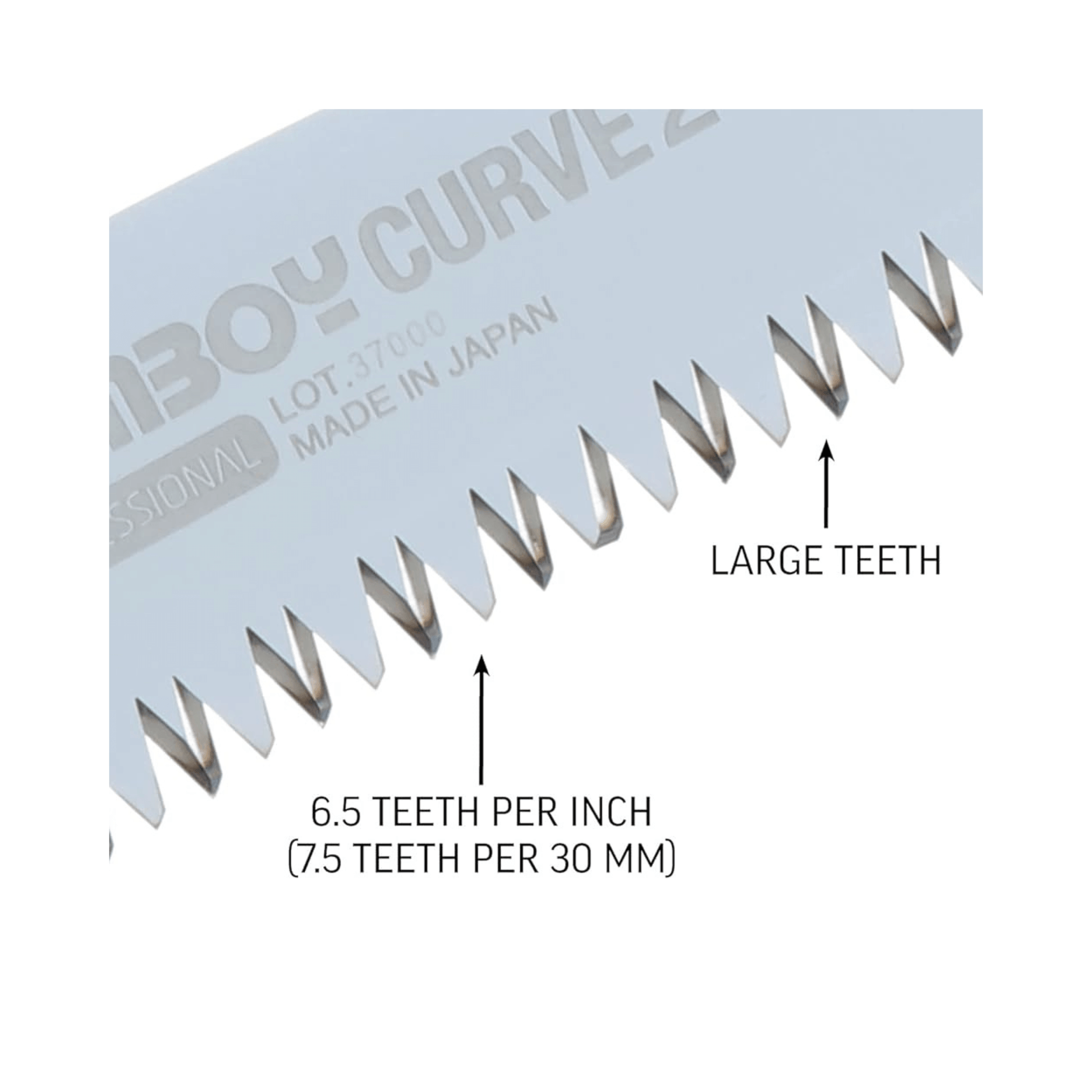 Close-up of Gomboy Curve Replacement Blade showcasing large teeth and teeth per inch specification.