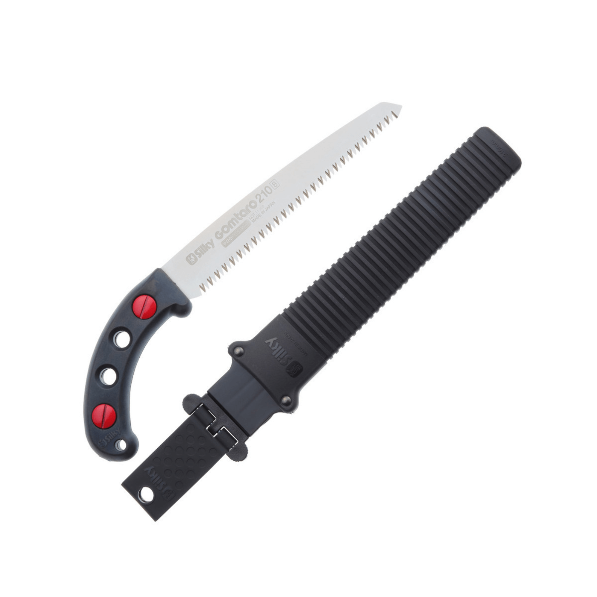 Gomtaro Pruning Saw with ergonomic handle and protective sheath for professional tree surgeons.