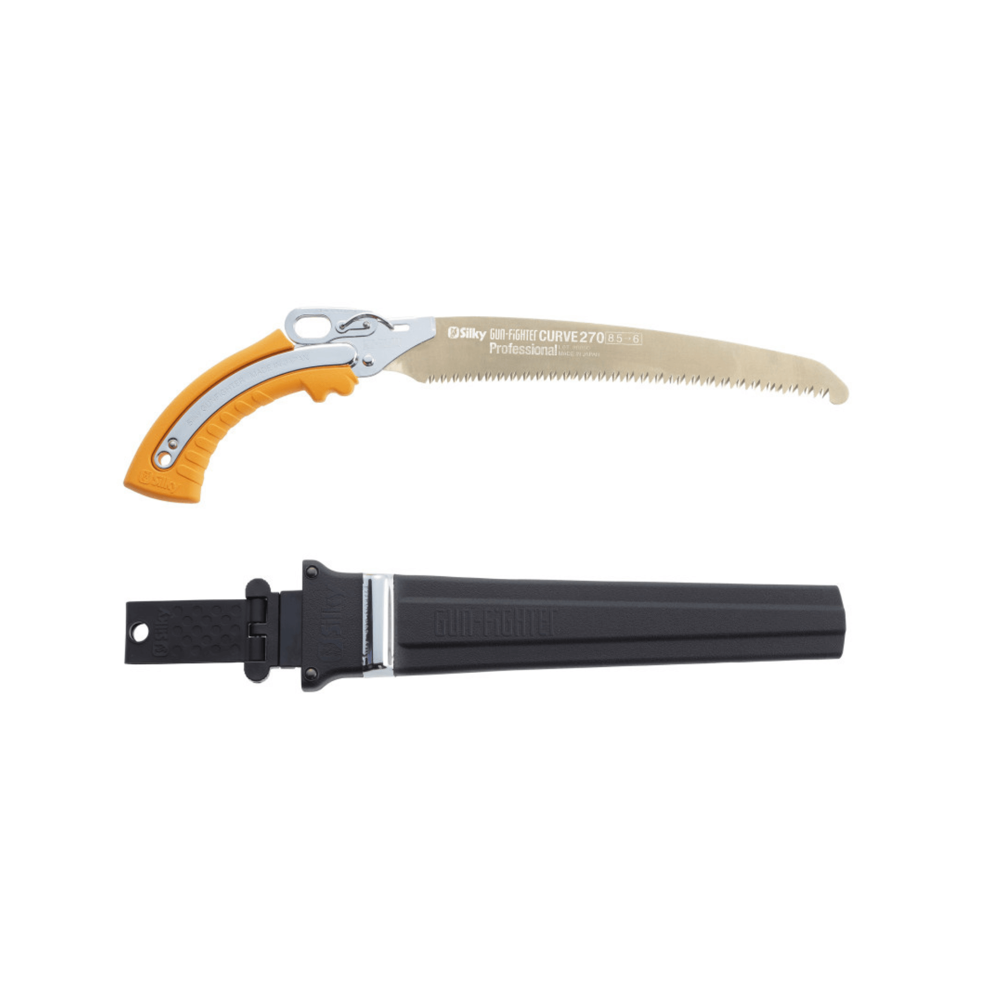Gunfighter Curved Professional Pruning Saw with protective sheath showing curved blade and ergonomic handle.