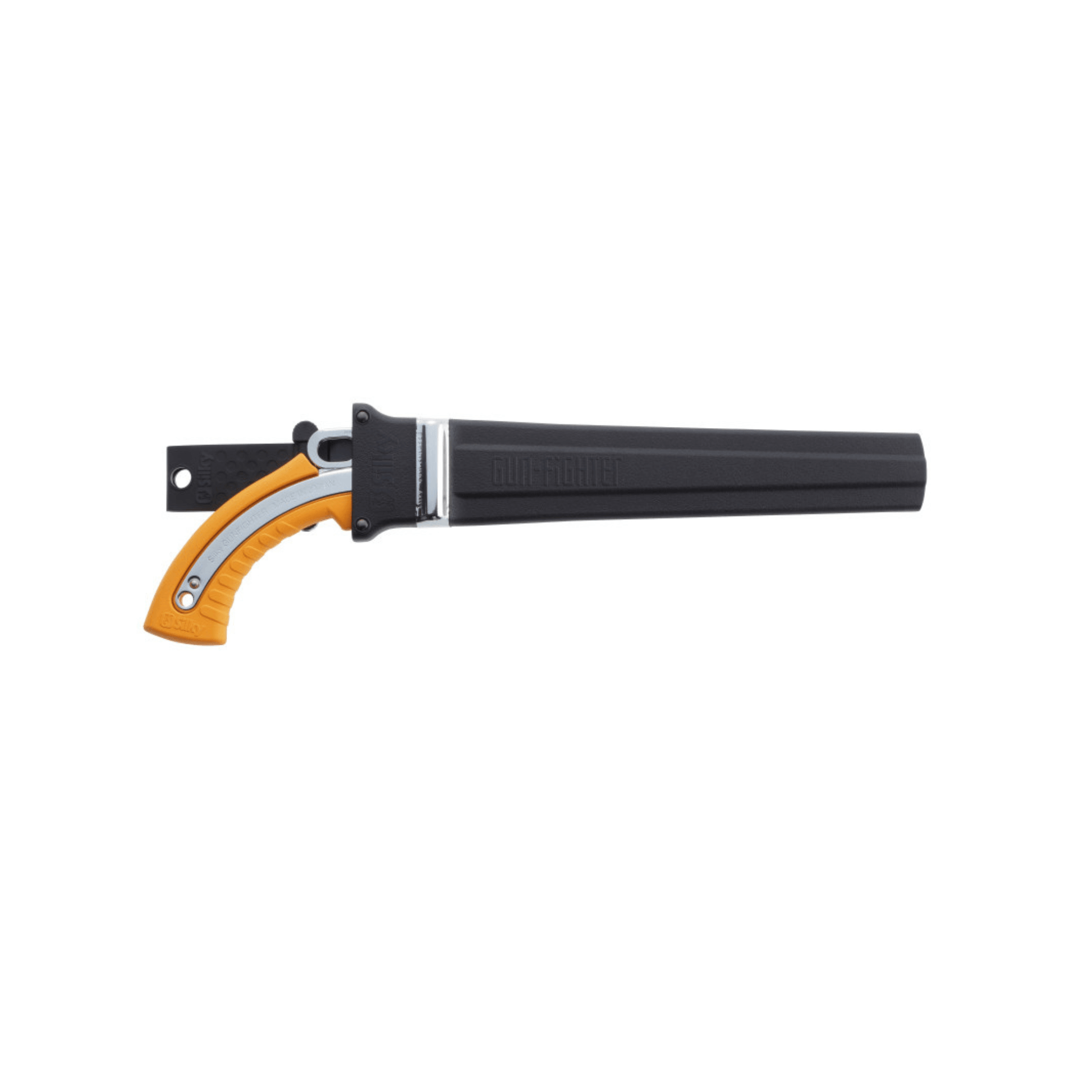 Gunfighter Curved Professional Pruning Saw with orange handle and sheath for professionals and serious users.