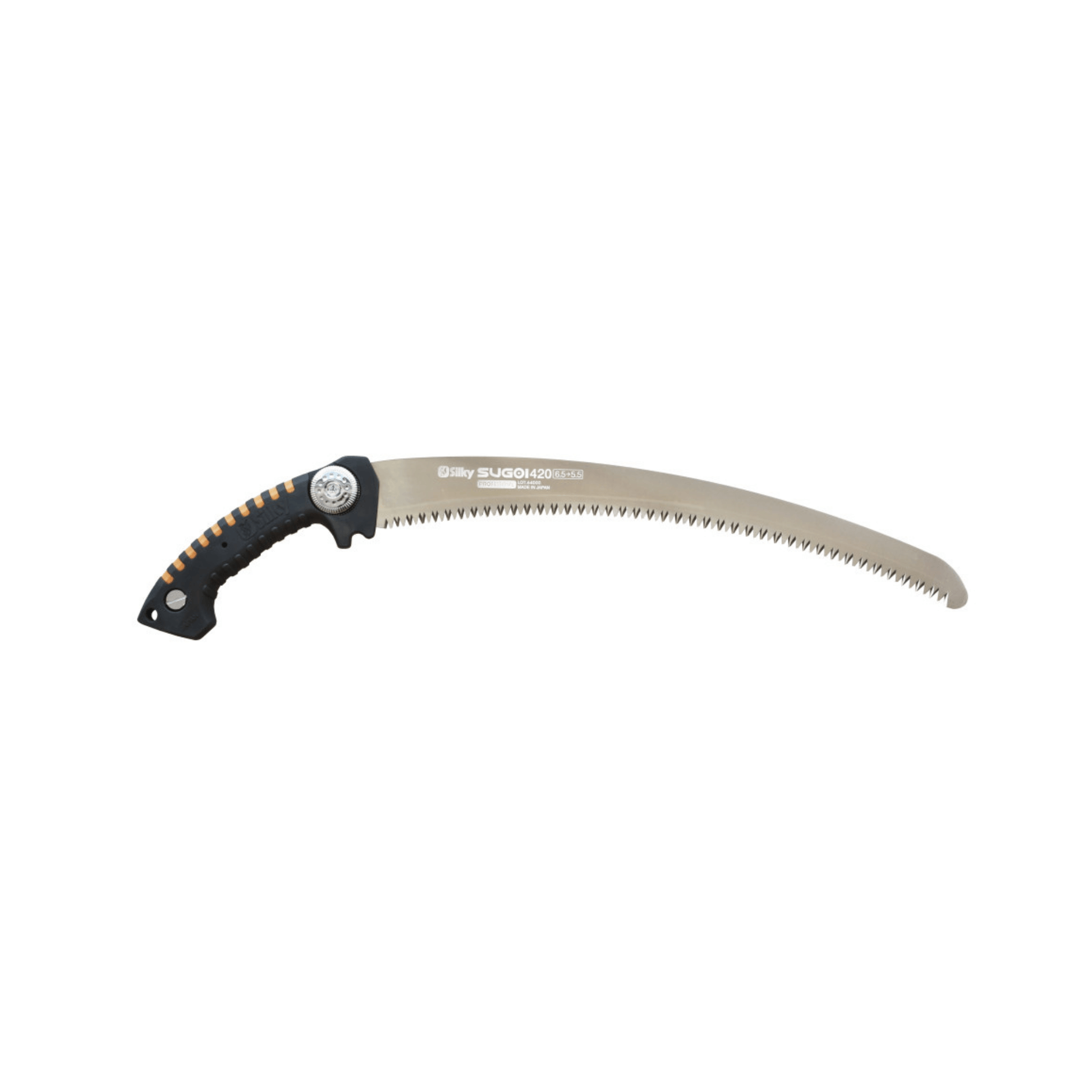 Sugoi Arborist Hand Saw with a curved blade and ergonomic handle for tree surgery and heavy-duty cutting.