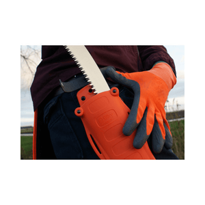 Sugowaza Linemans Hand Saw 420mm in holder with gloved hand, ideal for tree surgeons and line-clearance work.