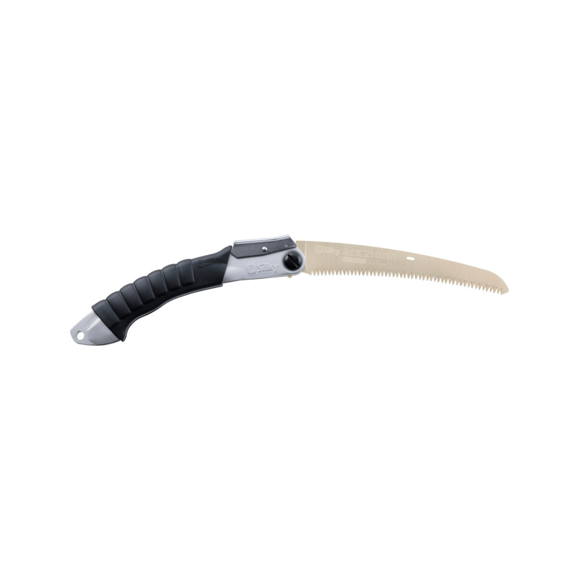 Super Accel Curve Folding Pruning Saw 210mm with a curved blade and ergonomic handle, ideal for tree surgeons.