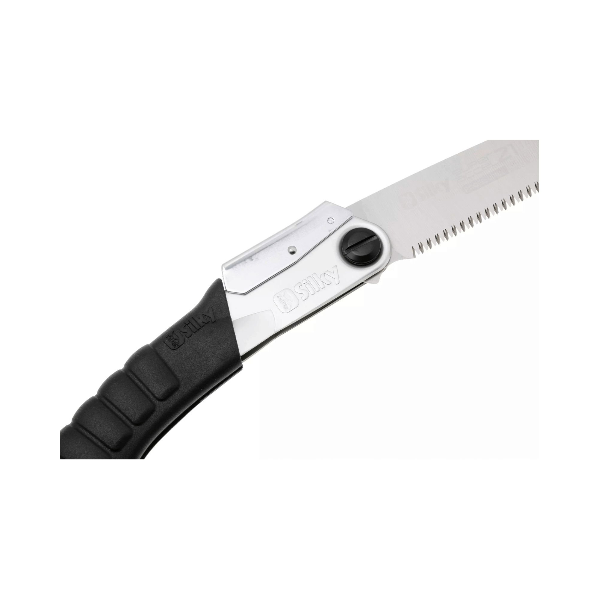 Super Accel Fine Teeth Folding Pruning Saw 210mm close-up of handle and blade.