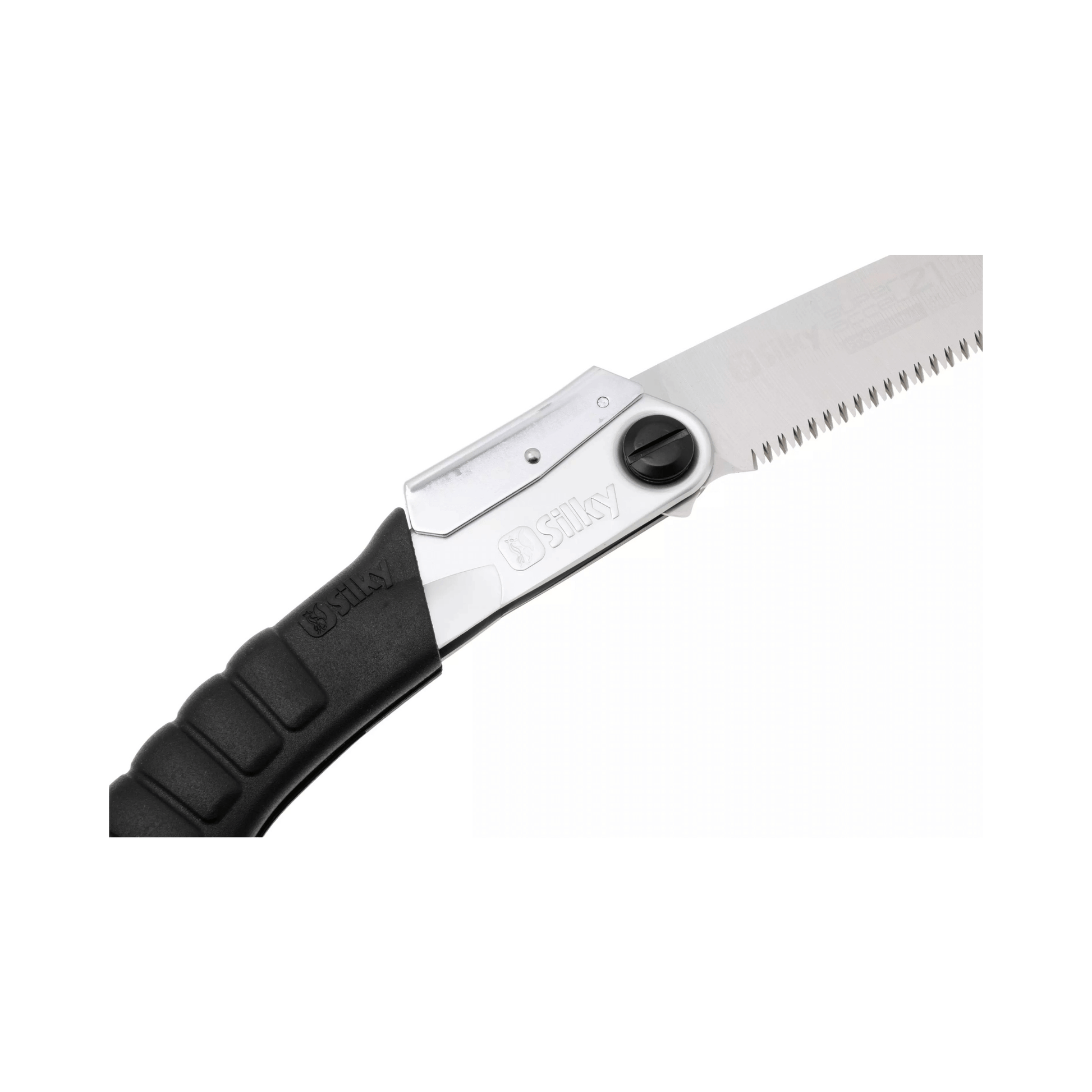 Super Accel Fine Teeth Folding Pruning Saw 210mm close-up of handle and blade.