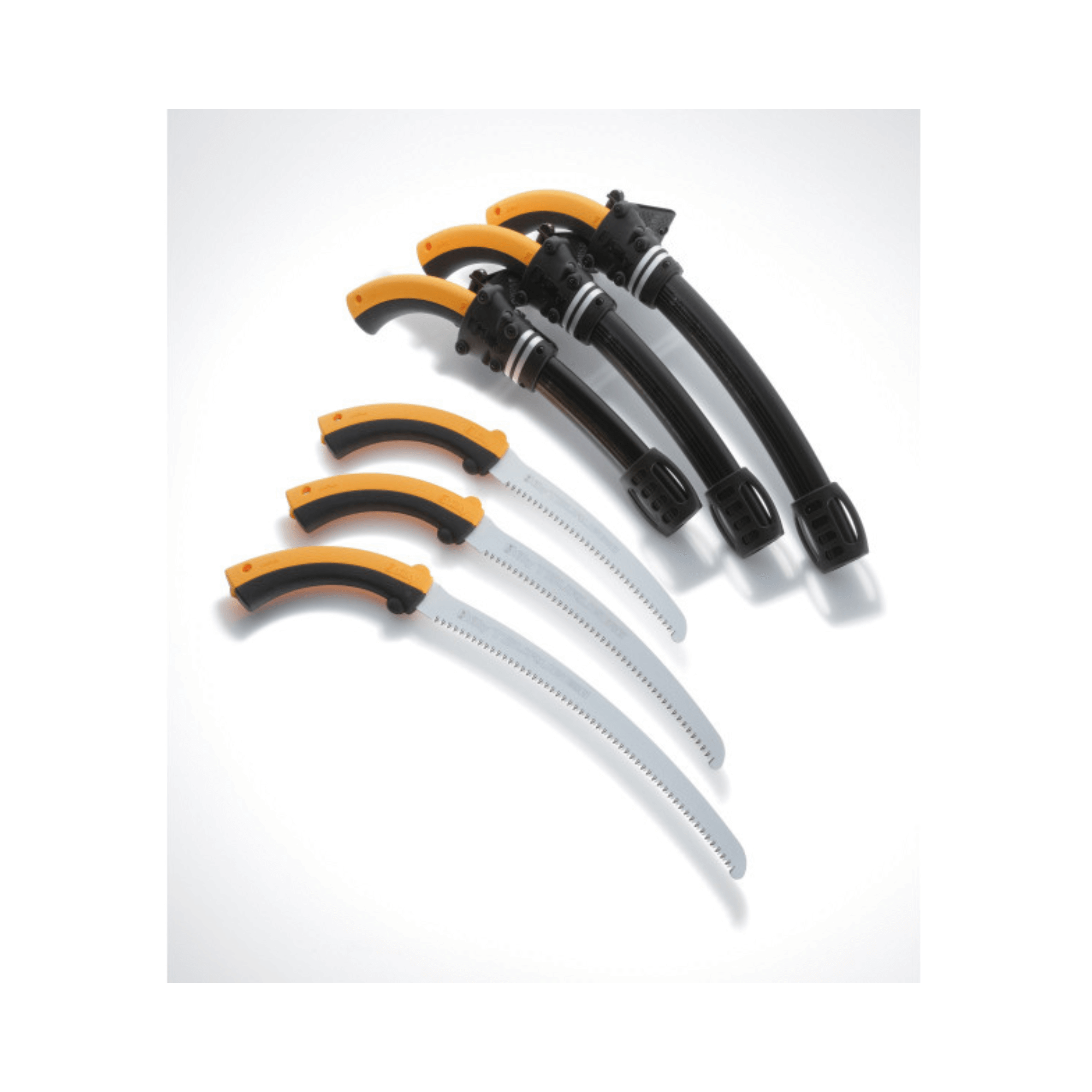 Silky Tsurugi Curve Pruning Saw tools set showcasing ergonomic handles and blades for arborists and tree surgeons.