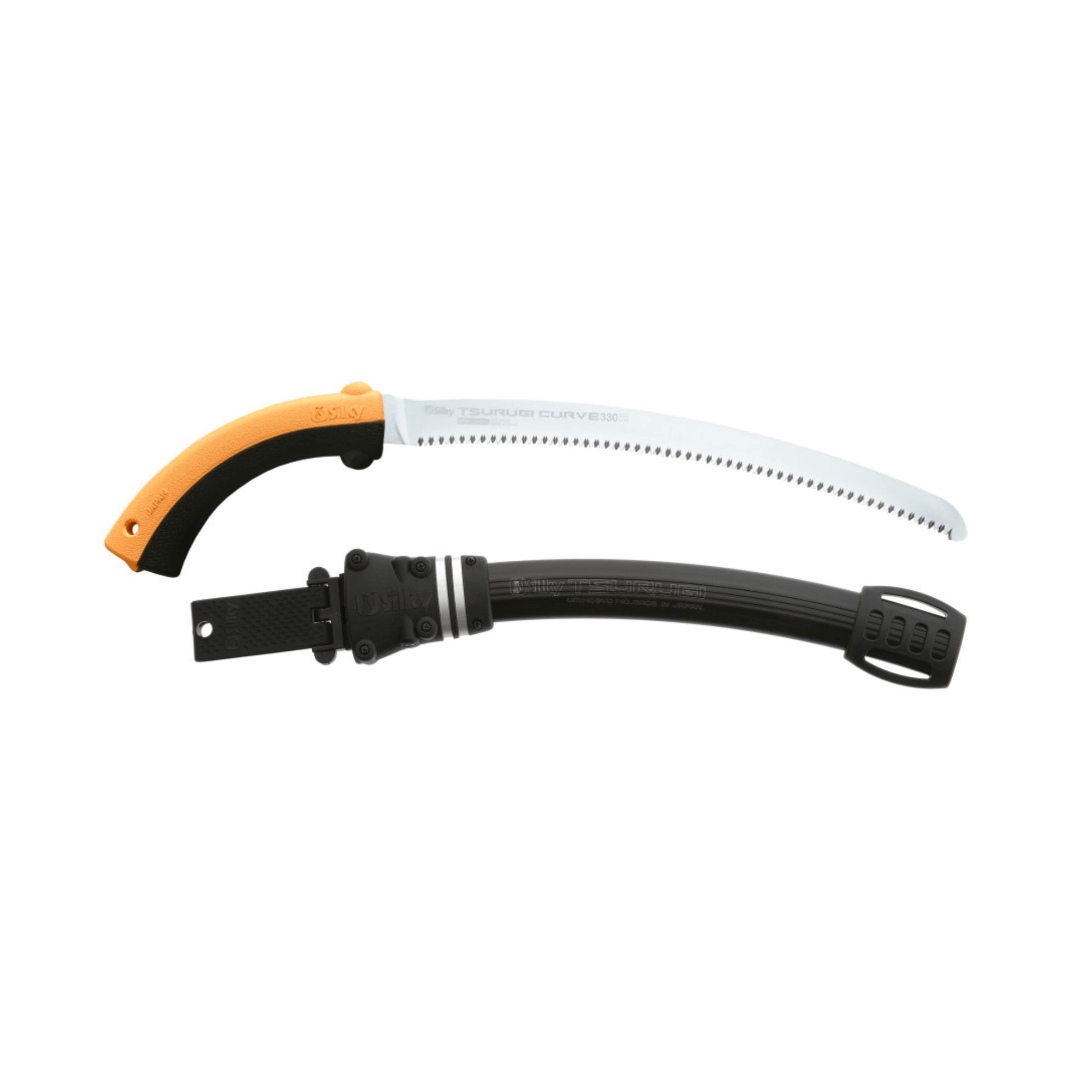 Silky Tsurugi Curve Pruning Saw for tree surgeons and arborists, featuring a slim, rigid blade and efficient cutting design.