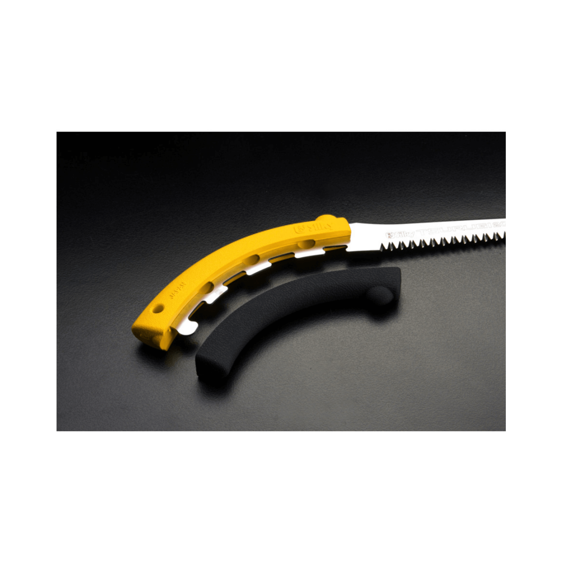 Tsurugi Straight Hand Saw 300mm showing yellow and black grips for arborists and tree surgeons.