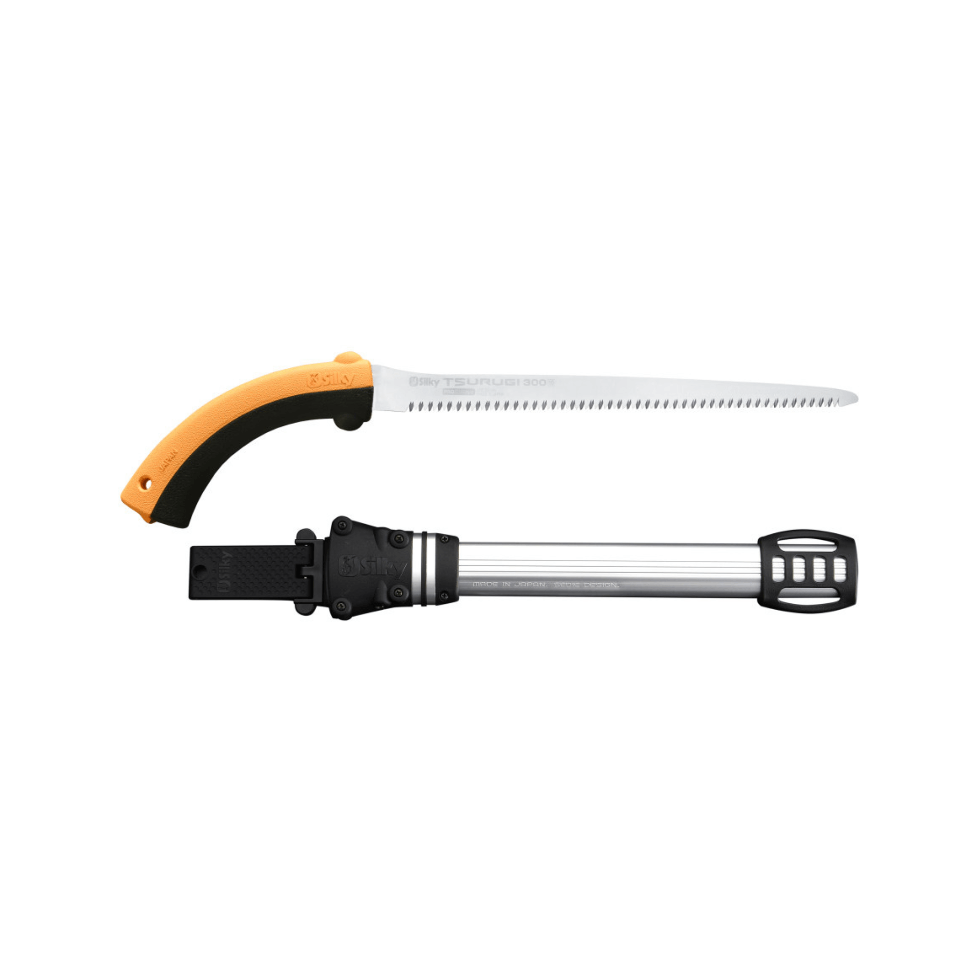 Tsurugi Straight Hand Saw 300mm with orange handle and aluminum sheath ideal for tree surgeons and arborists.