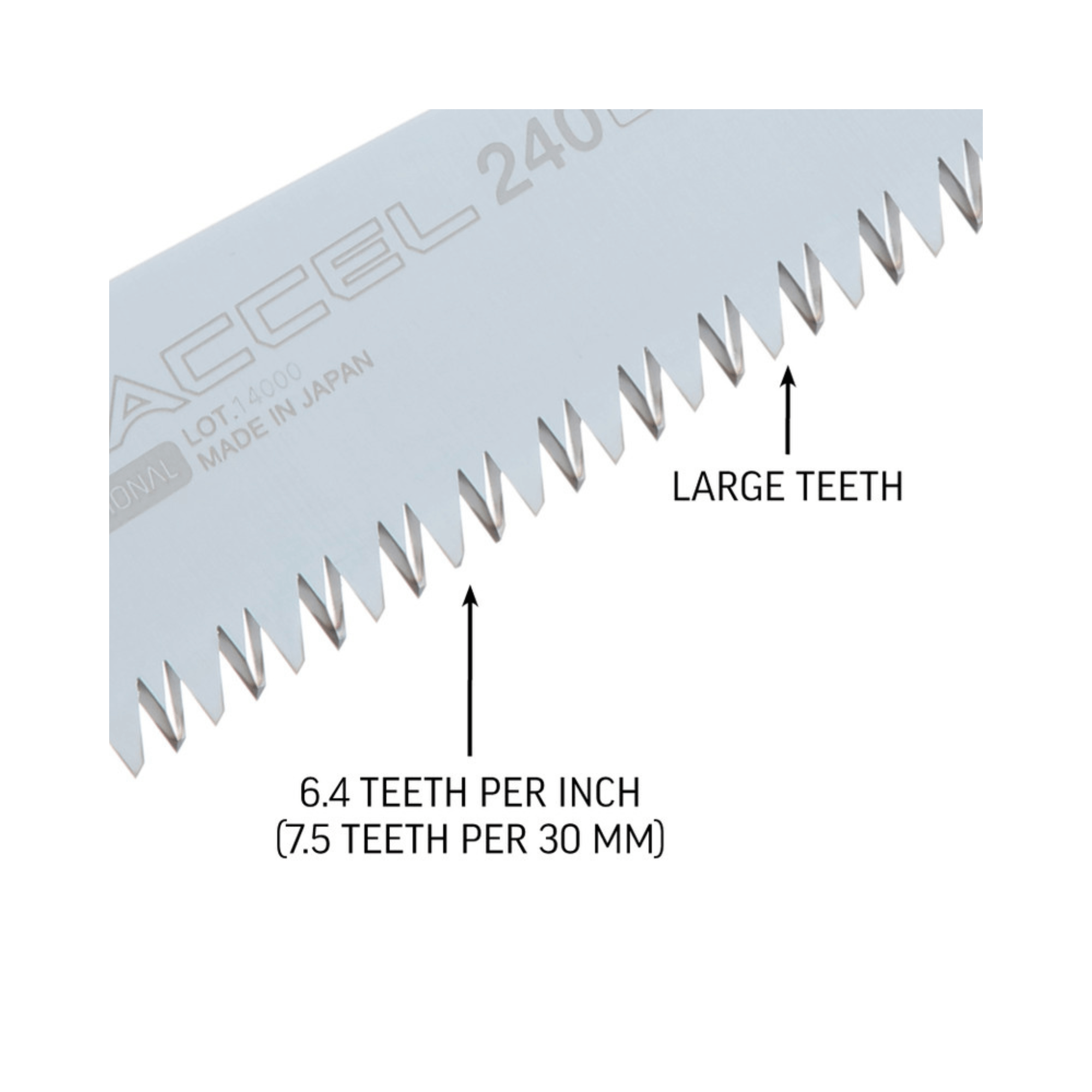 Ultra Accel Straight Hand Saw 240mm blade showing large teeth and specifications for cutting efficiency.