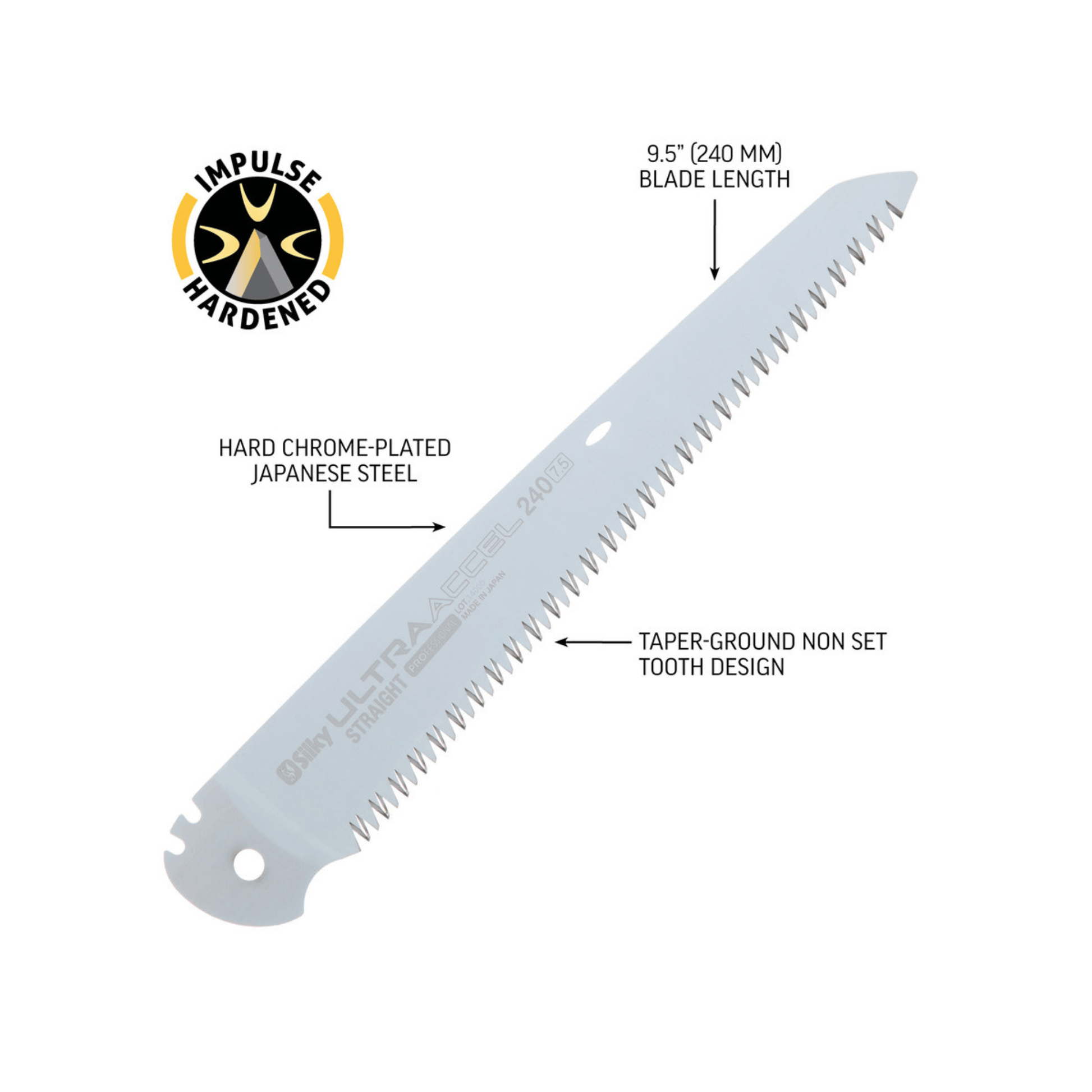Ultra Accel Straight Hand Saw 240mm blade with hard chrome-plated Japanese steel and taper-ground non set tooth design.
