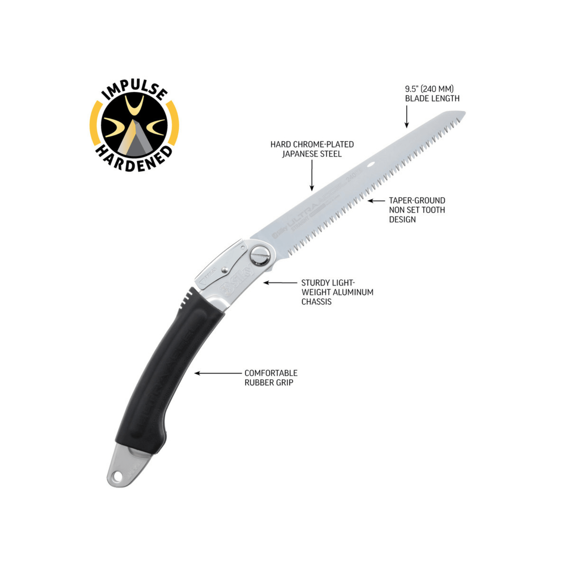 Ultra Accel Straight Hand Saw 240mm with a lightweight aluminum chassis and rubber grip for tree surgeons.