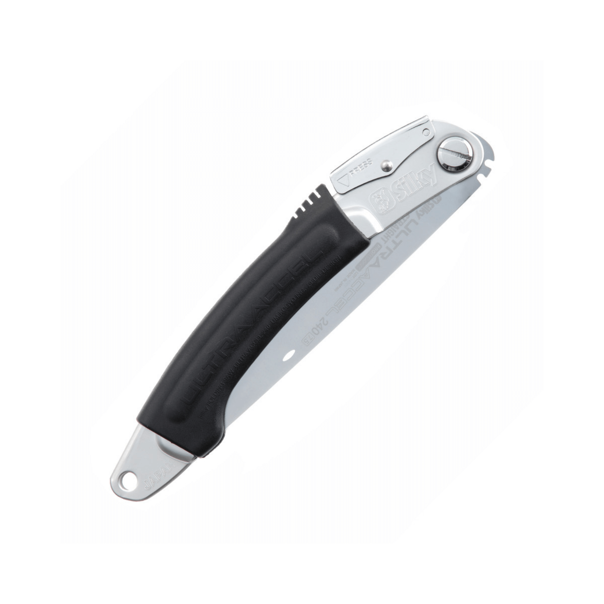 Ultra Accel Straight Hand Saw 240mm folding design with rubber grip, ideal for tree surgeons and easy transport.