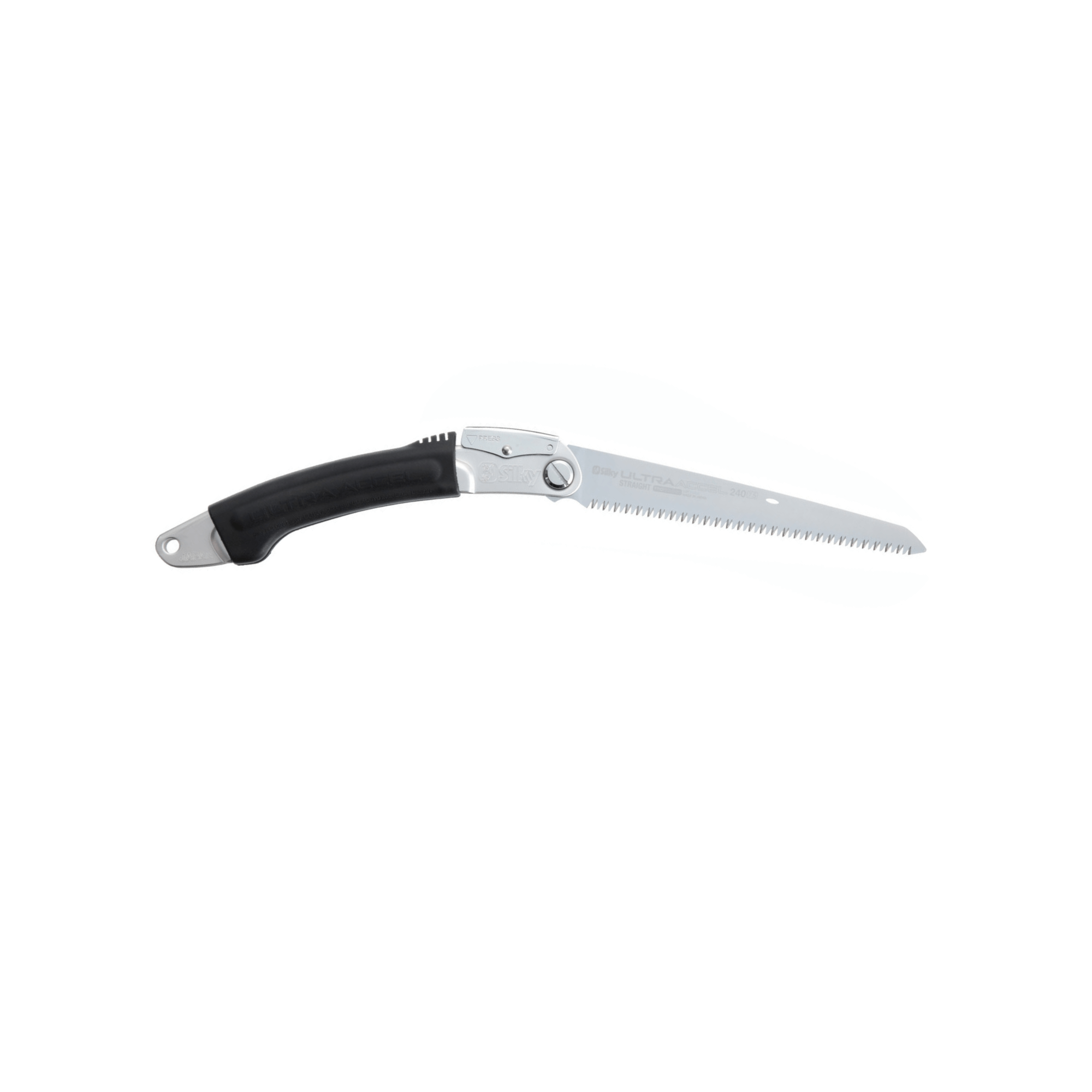 Ultra Accel Straight Hand Saw 240mm with a rubber grip handle and folding design, ideal for tree surgeons.