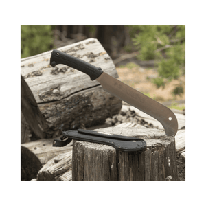 Yoki 270 Billhook resting on logs, showcasing its durable blade and handle, ideal for tree surgeons and woodland management.