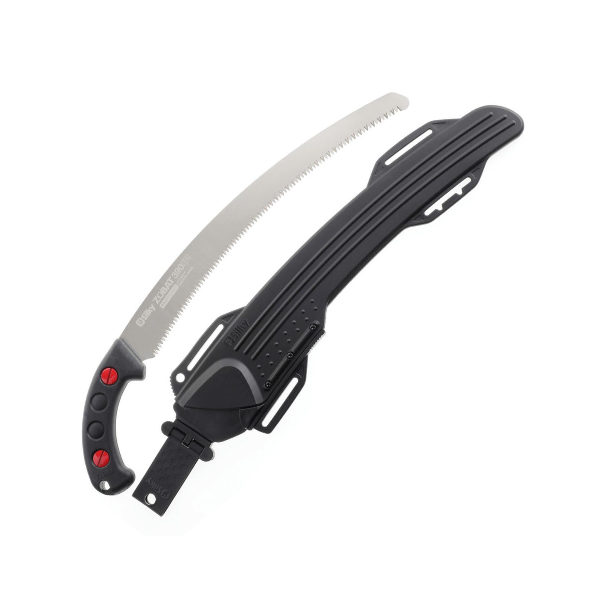 Zubat Curved Pruning Saw displayed with protective sheath, ideal for professional tree surgeons.
