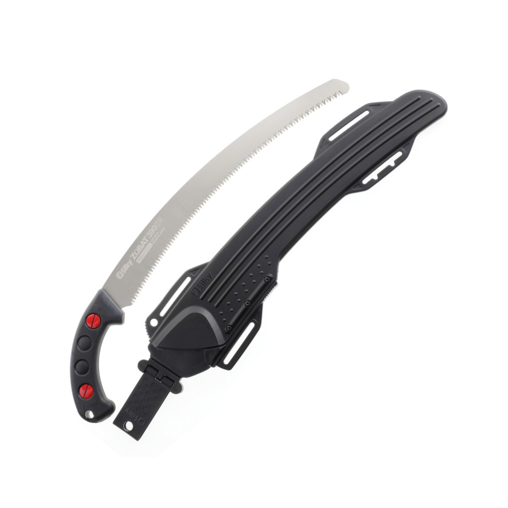 Zubat Curved Pruning Saw displayed with protective sheath, ideal for professional tree surgeons.