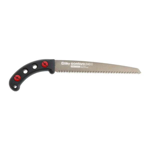 A Silky Gomtaro pruning saw with a straight blade and red accents on the handle.