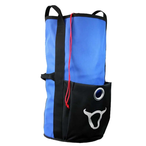 Durable climbing canvas rope bag for tree surgeons with spacious pockets and secure drawstring closure.