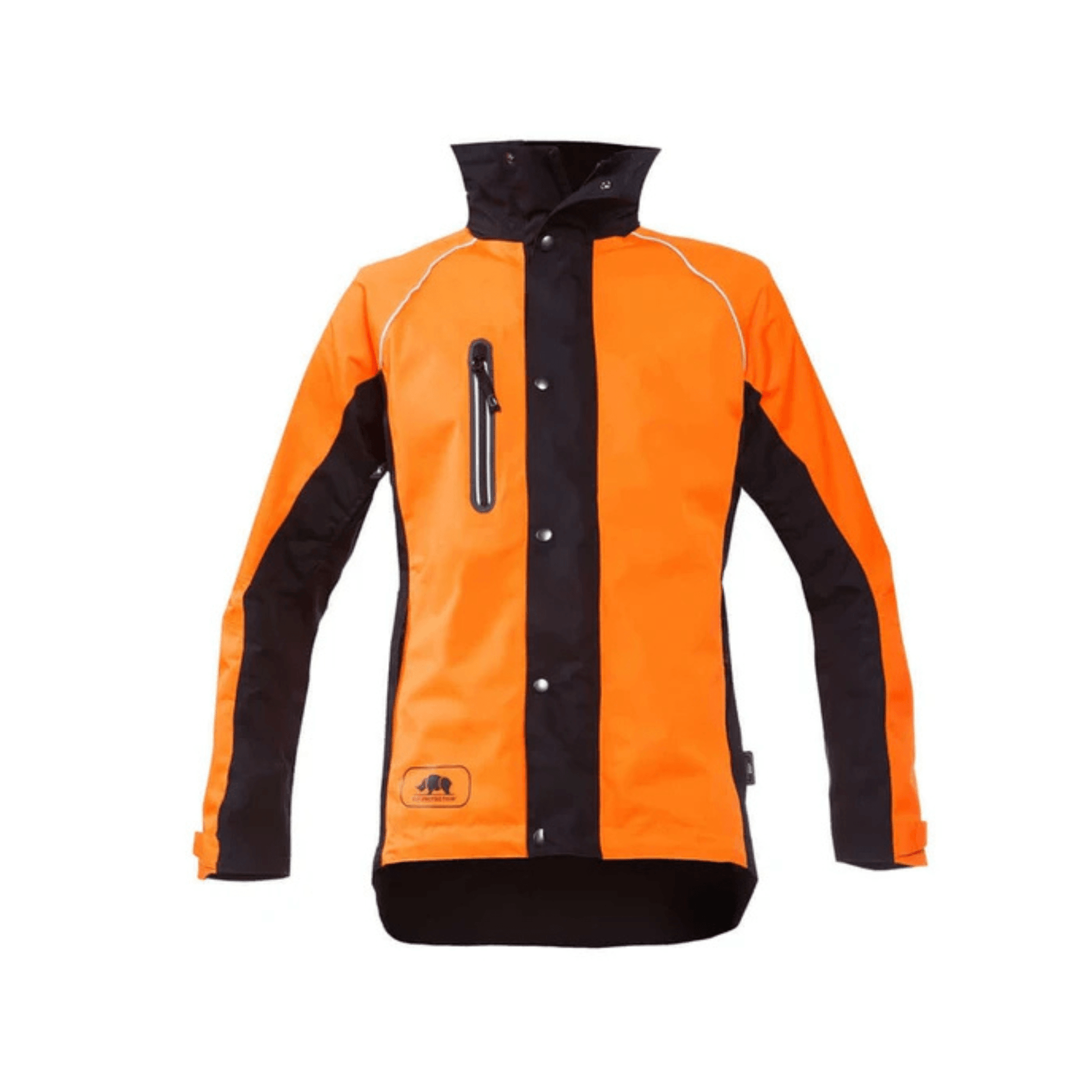 Keiu Rain Work Jacket with waterproof design in vibrant orange and black for arborists and outdoor professionals.
