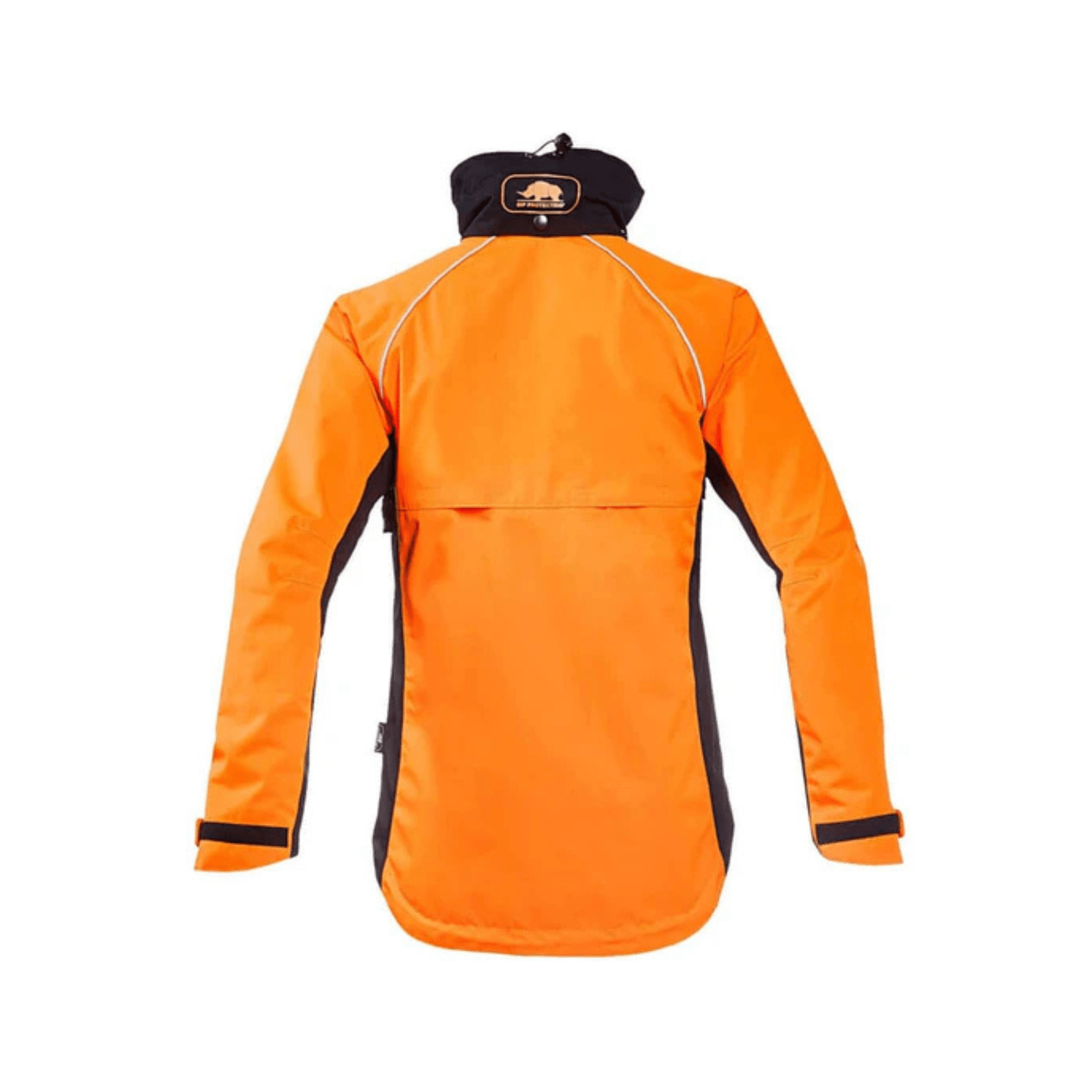 Back view of the Keiu Rain Work Jacket featuring bright orange and black design, designed for outdoor professionals.