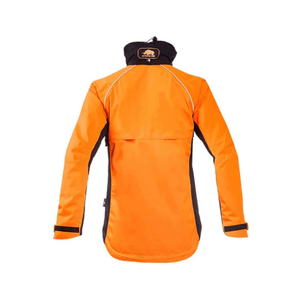 Back view of the Keiu Rain Work Jacket featuring bright orange and black design, designed for outdoor professionals.