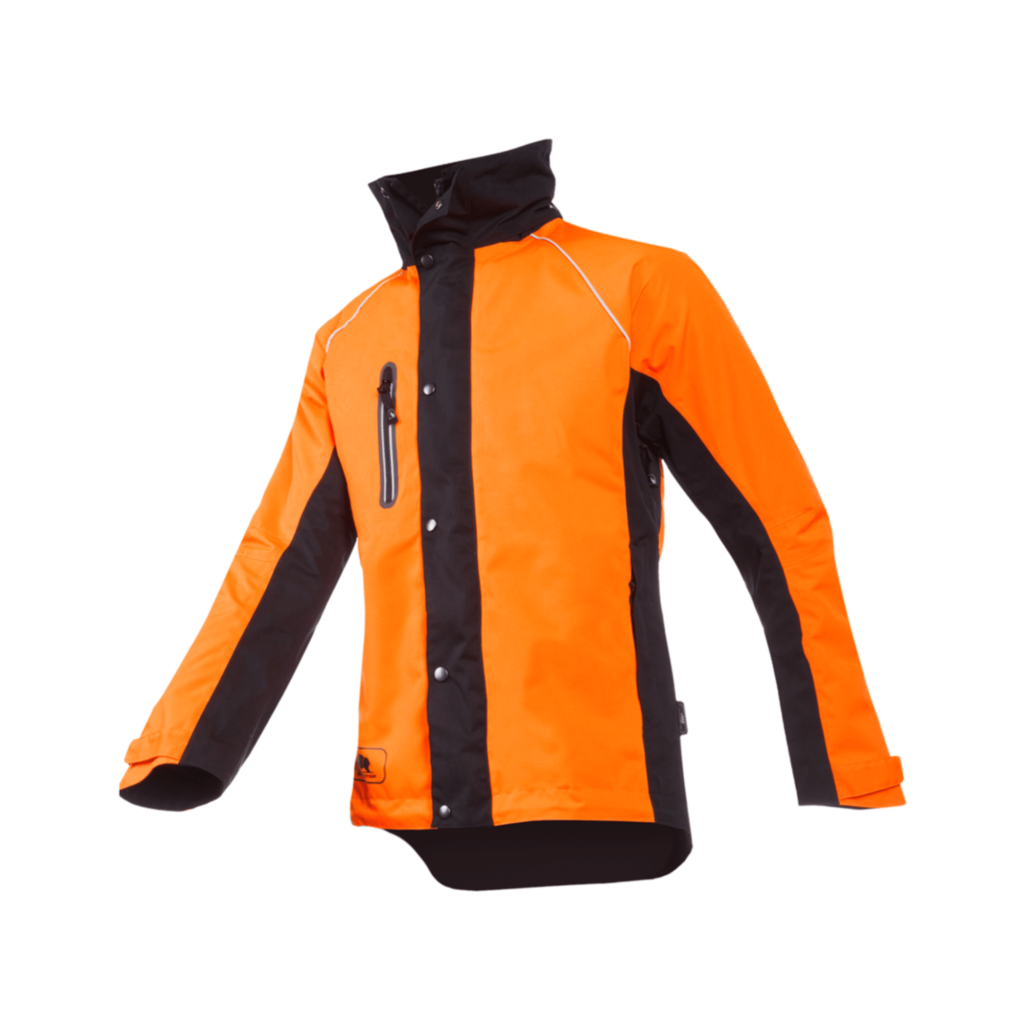 Keiu Rain Work Jacket, a waterproof orange and black jacket designed for outdoor professionals and arborists.