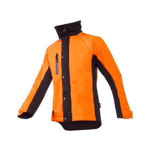 Keiu Rain Work Jacket, a waterproof orange and black jacket designed for outdoor professionals and arborists.