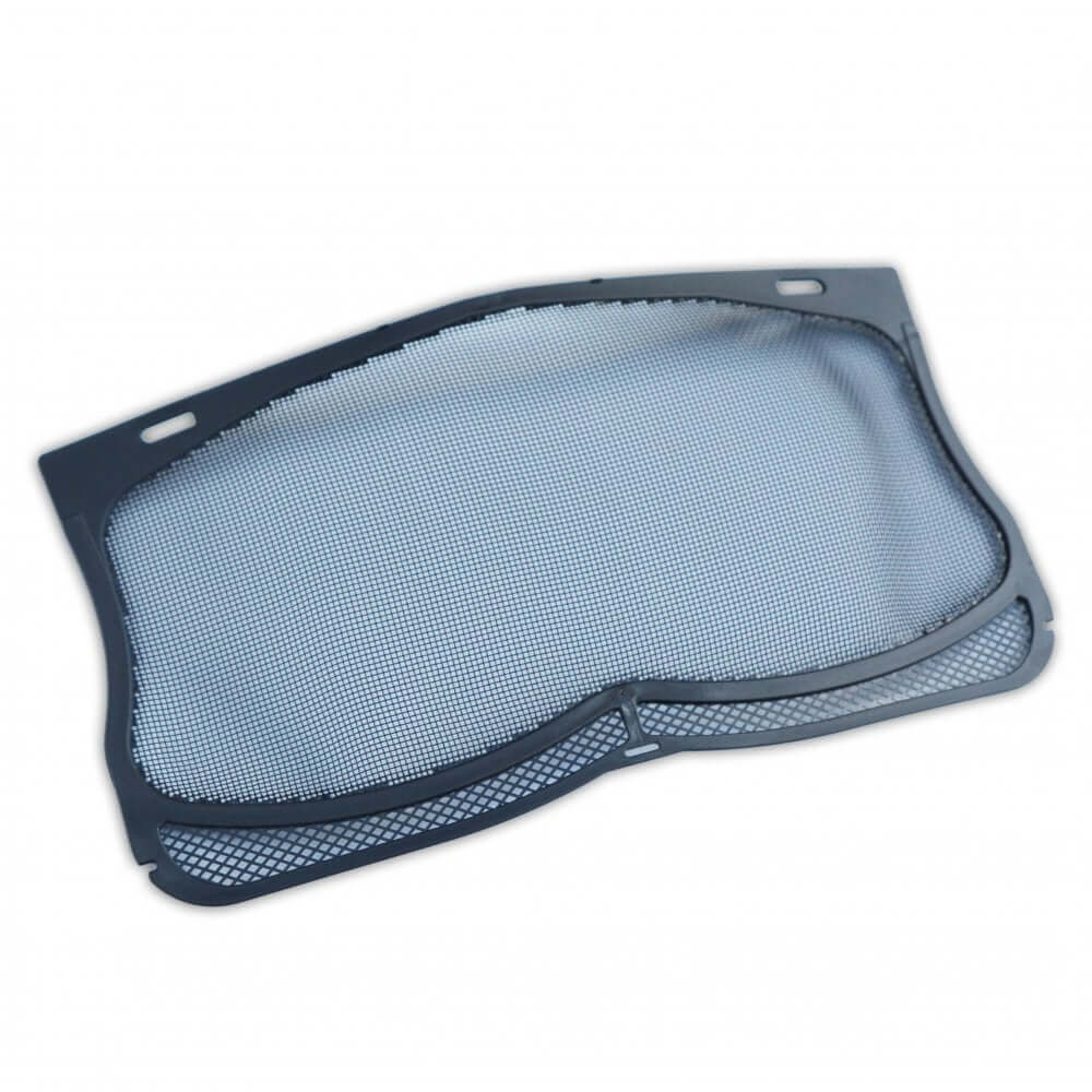 A sordin gray nylon mesh helmet visor with an adjustable black strap and attachment points for helmets.