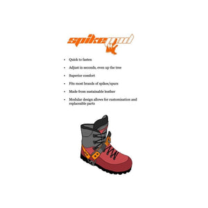 Spikepod climbing boot with ratchet system, designed for tree surgeons, made from sustainable leather for comfort and adjustability.