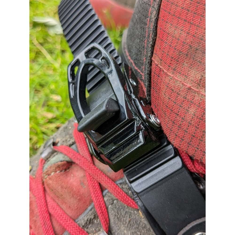 Close-up of Spikepod ratchet system on climbing spikes, ideal for tree surgeon use.