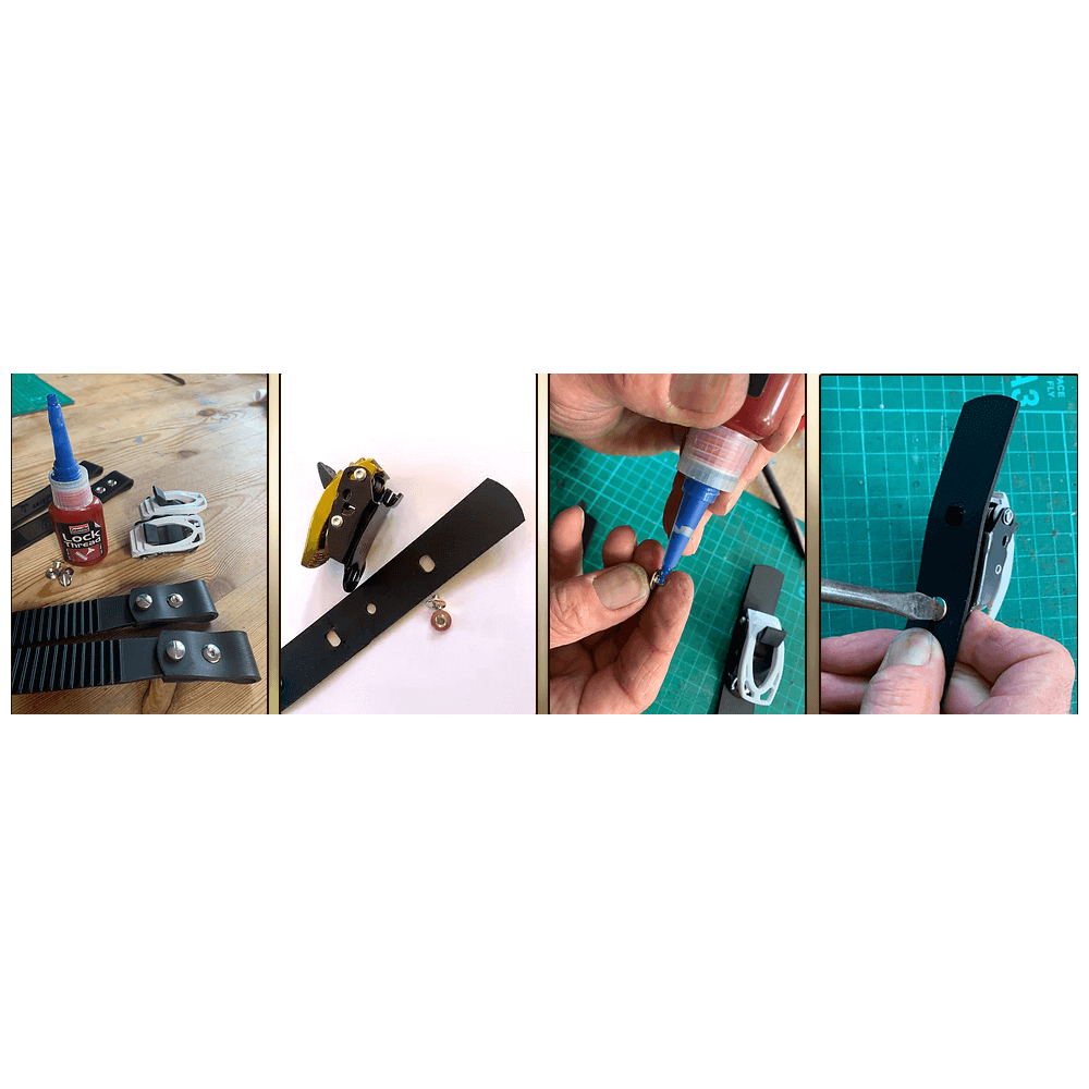 Spikepod climbing spikes assembly and adjustment process for tree surgeons, featuring tools and components.