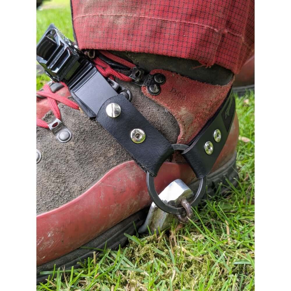 Close-up of Spikepod replacement ratchet system on a boot, perfect for tree surgeons and climbing spikes.