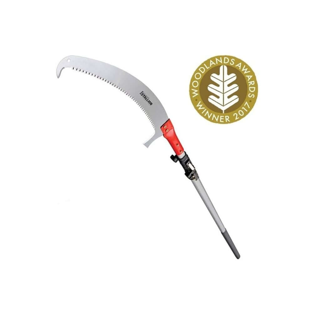 A telescopic pole saw with a silver blade, black handle, and red detailing, with a Woodlands Award Winner badge displayed.