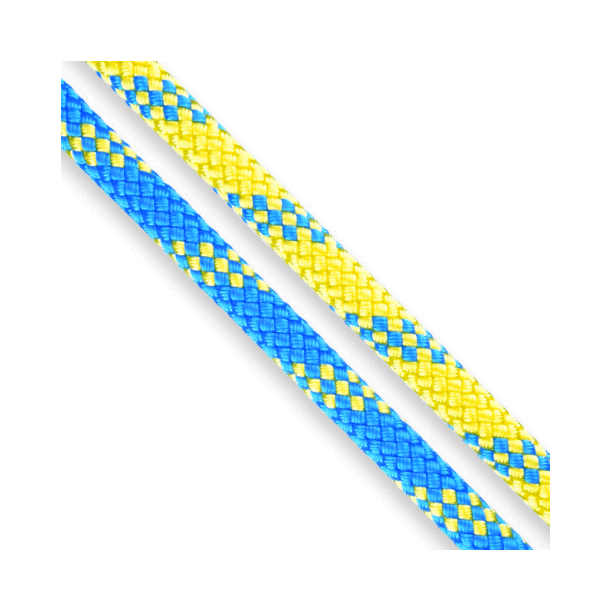 Close-up of blue and yellow braided ropes for arborist work, ideal for tree surgeons and climbing safety.