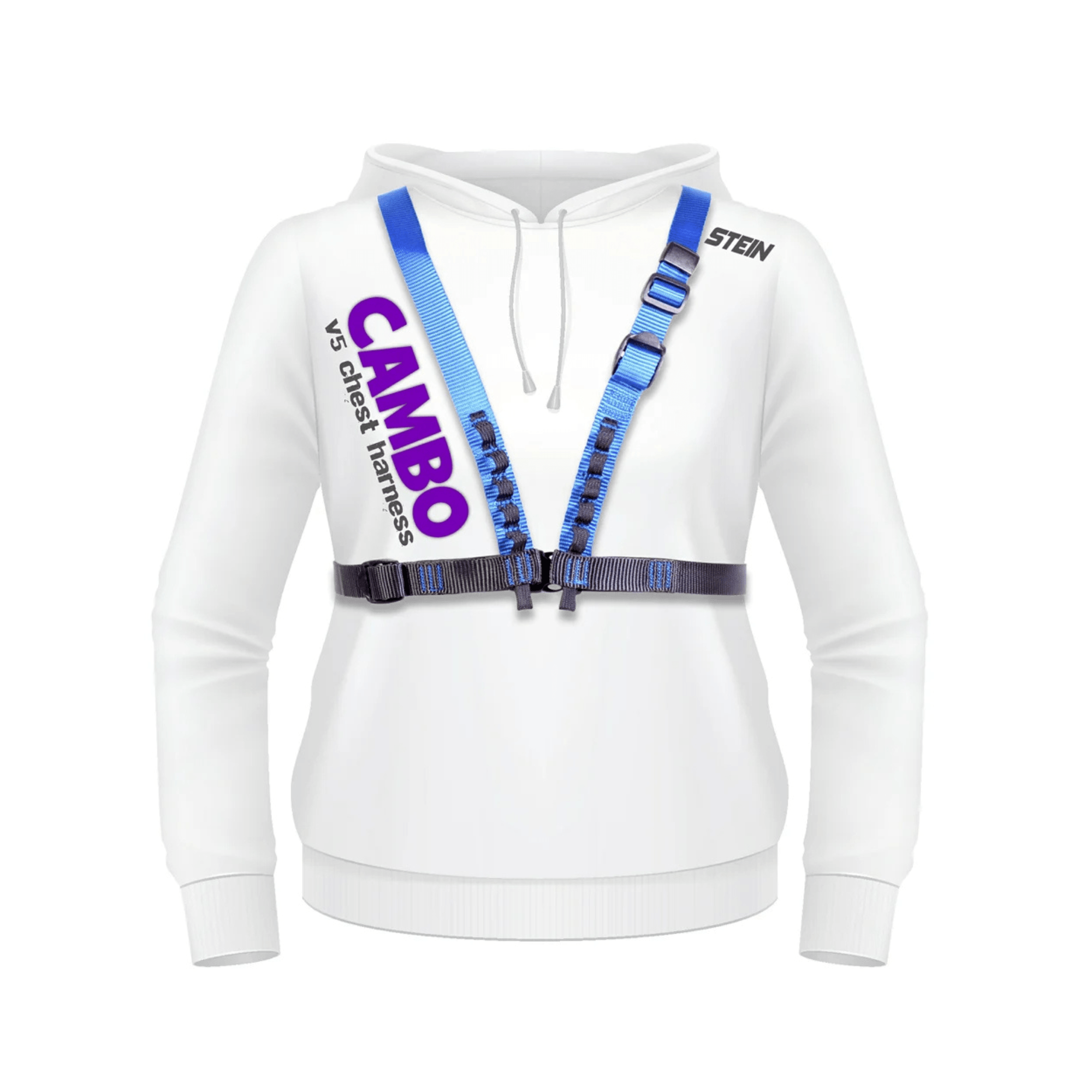 CAMBO V5 Chest Harness displayed on a white hoodie, showcasing its design for tree surgeons and climbing efficiency.