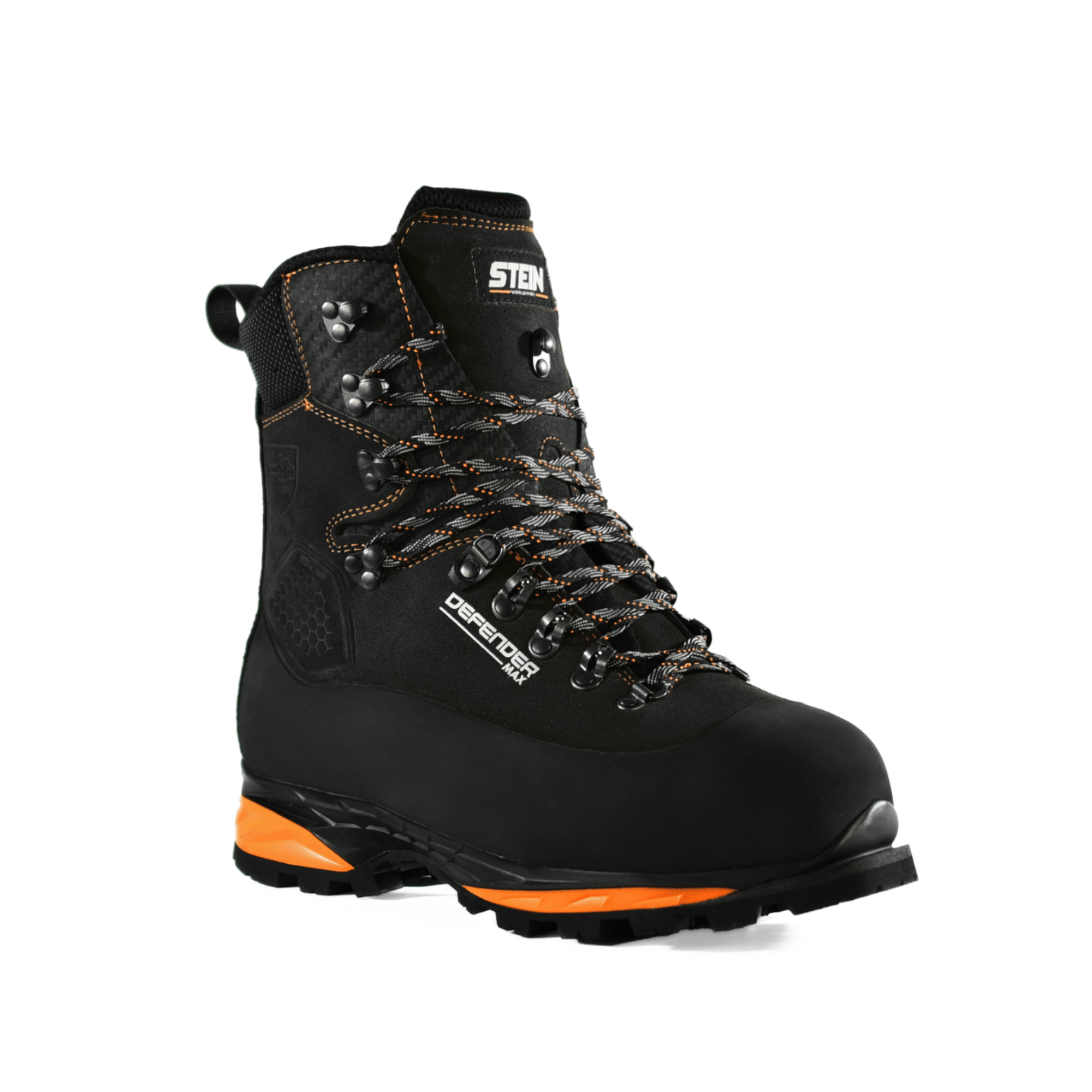 DEFENDER MAX V2 Black Chainsaw Boots Class 2, high-grade cut resistance and ankle support for forestry professionals.